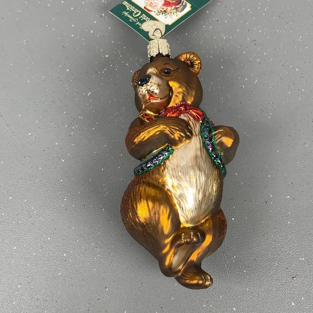Old World Christmas Glass Holiday Animal Ornaments Peacock & Bear W/ Garland